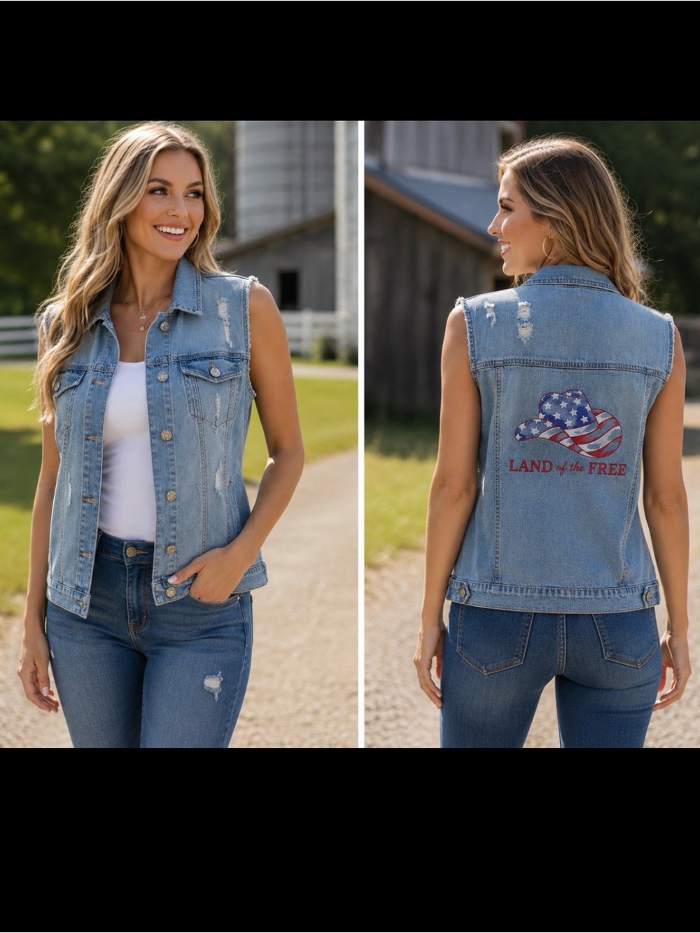 enjean distressed Jean vest woman‎ 1x land of free embroidery flag USA western